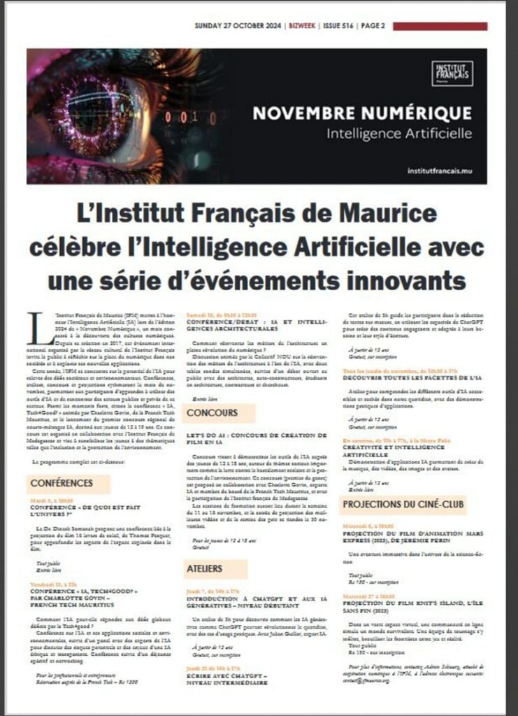 Bizweek 2024.10.27 L'Institut Français de Maurice célèbre l'Intelligence Artificielle avec une série d'évènements innovants